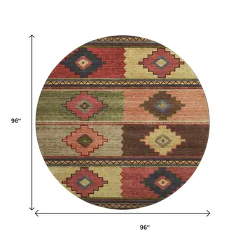 8' Rust Green And Gold Geometric Washable Round Rug With UV Protection