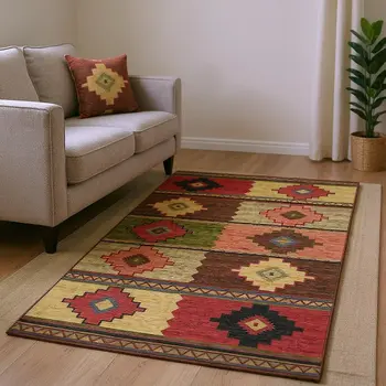 8' X 10' Rust Green And Gold Geometric Washable Area Rug With UV Protection