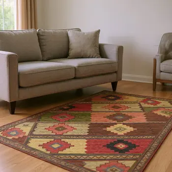 9' X 12' Rust Green And Gold Geometric Washable Area Rug With UV Protection