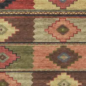 9' X 12' Rust Green And Gold Geometric Washable Area Rug With UV Protection