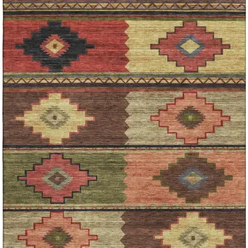 9' X 12' Rust Green And Gold Geometric Washable Area Rug With UV Protection