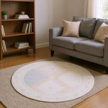 8' Gray And Ivory Geometric Washable Round Rug With UV Protection
