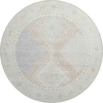 8' Gray And Ivory Geometric Washable Round Rug With UV Protection