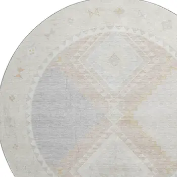 8' Gray And Ivory Geometric Washable Round Rug With UV Protection