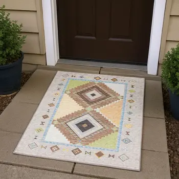 3' X 5' Ivory Brown And Green Geometric Washable Area Rug With UV Protection