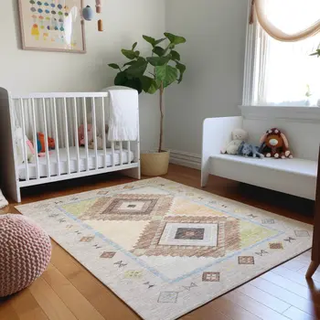 3' X 5' Ivory Brown And Green Geometric Washable Area Rug With UV Protection