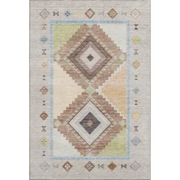 3' X 5' Ivory Brown And Green Geometric Washable Area Rug With UV Protection