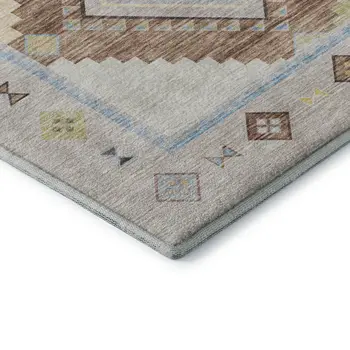 3' X 5' Ivory Brown And Green Geometric Washable Area Rug With UV Protection