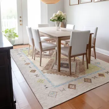 3' X 5' Ivory Brown And Green Geometric Washable Area Rug With UV Protection