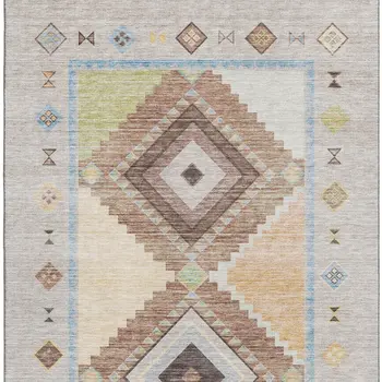 3' X 5' Ivory Brown And Green Geometric Washable Area Rug With UV Protection