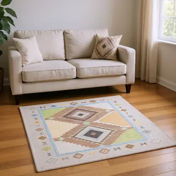 5' X 8' Ivory Brown And Green Geometric Washable Area Rug With UV Protection