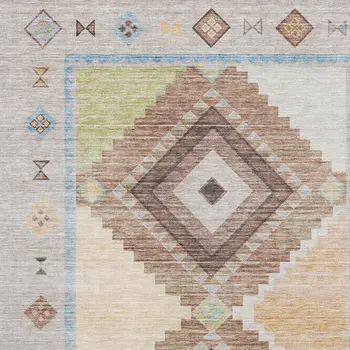 5' X 8' Ivory Brown And Green Geometric Washable Area Rug With UV Protection