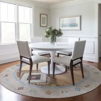 8' Ivory Brown And Green Geometric Washable Round Rug With UV Protection