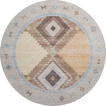 8' Ivory Brown And Green Geometric Washable Round Rug With UV Protection