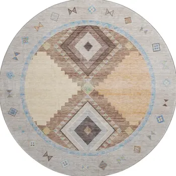 8' Ivory Brown And Green Geometric Washable Round Rug With UV Protection