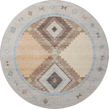 8' Ivory Brown And Green Geometric Washable Round Rug With UV Protection