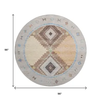 8' Ivory Brown And Green Geometric Washable Round Rug With UV Protection