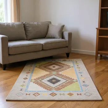 8' X 10' Ivory Brown And Green Geometric Washable Area Rug With UV Protection