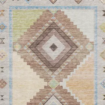 8' X 10' Ivory Brown And Green Geometric Washable Area Rug With UV Protection