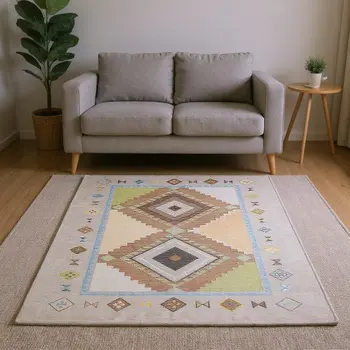 9' X 12' Ivory Brown And Green Geometric Washable Area Rug With UV Protection