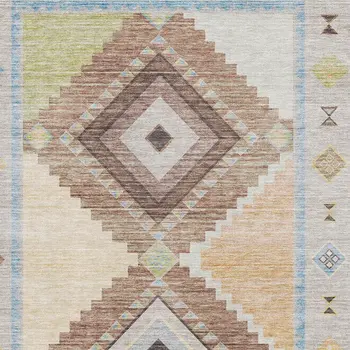 9' X 12' Ivory Brown And Green Geometric Washable Area Rug With UV Protection
