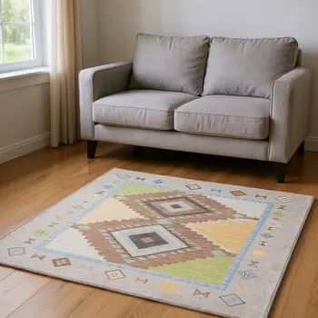 10' X 14' Ivory Brown And Green Geometric Washable Area Rug With UV Protection