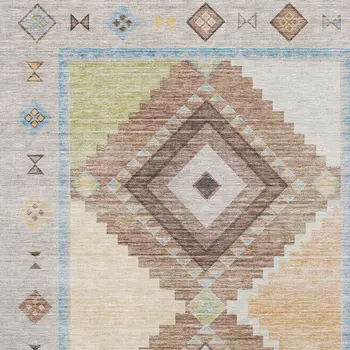 10' X 14' Ivory Brown And Green Geometric Washable Area Rug With UV Protection