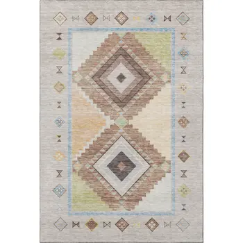 10' X 14' Ivory Brown And Green Geometric Washable Area Rug With UV Protection