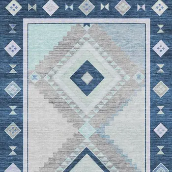 3' X 5' Blue And Ivory Geometric Washable Area Rug With UV Protection