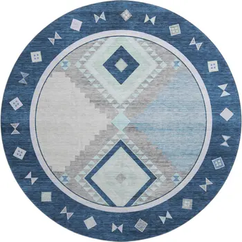 8' Blue And Ivory Geometric Washable Round Rug With UV Protection