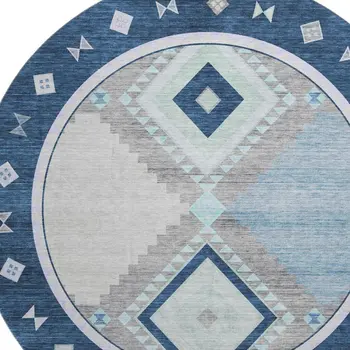 8' Blue And Ivory Geometric Washable Round Rug With UV Protection