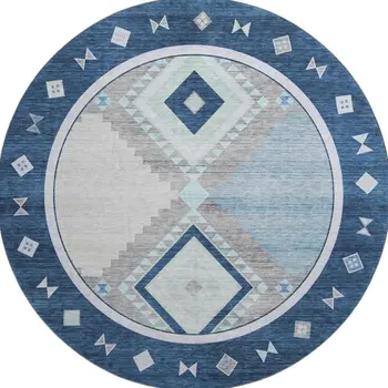 8' Blue And Ivory Geometric Washable Round Rug With UV Protection
