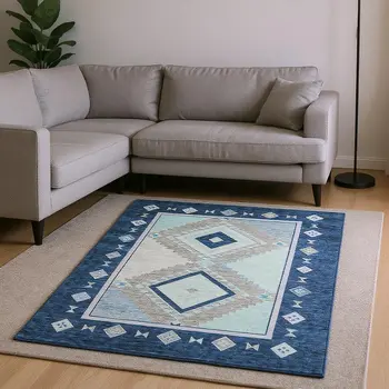 8' X 10' Blue And Ivory Geometric Washable Area Rug With UV Protection