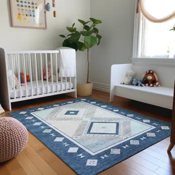 8' X 10' Blue And Ivory Geometric Washable Area Rug With UV Protection