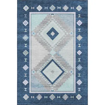 8' X 10' Blue And Ivory Geometric Washable Area Rug With UV Protection