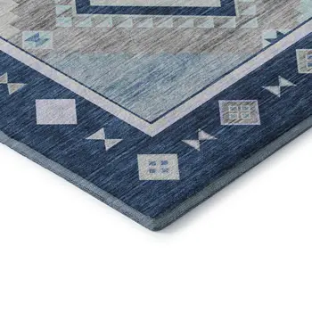 8' X 10' Blue And Ivory Geometric Washable Area Rug With UV Protection