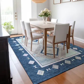 8' X 10' Blue And Ivory Geometric Washable Area Rug With UV Protection