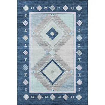 8' X 10' Blue And Ivory Geometric Washable Area Rug With UV Protection