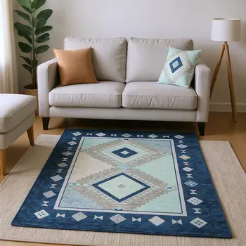 10' X 14' Blue And Ivory Geometric Washable Area Rug With UV Protection