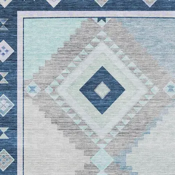 10' X 14' Blue And Ivory Geometric Washable Area Rug With UV Protection