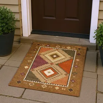 3' X 5' Brown Orange And Beige Geometric Washable Area Rug With UV Protection