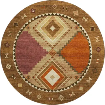 8' Brown Orange And Beige Geometric Washable Round Rug With UV Protection