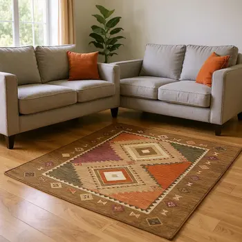 9' X 12' Brown Orange And Beige Geometric Washable Area Rug With UV Protection