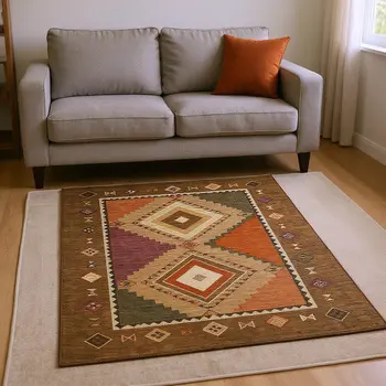 10' X 14' Brown Orange And Beige Geometric Washable Area Rug With UV Protection
