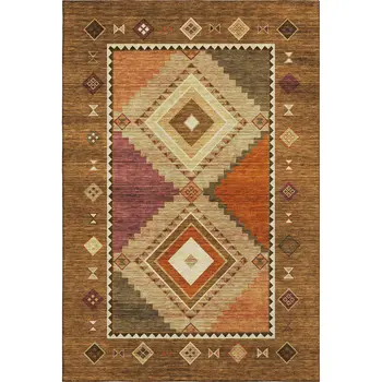 10' X 14' Brown Orange And Beige Geometric Washable Area Rug With UV Protection
