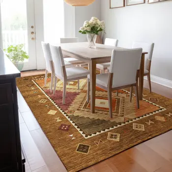 10' X 14' Brown Orange And Beige Geometric Washable Area Rug With UV Protection