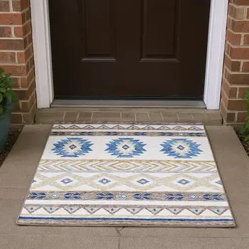 3' X 5' Taupe Ivory And Blue Geometric Washable Area Rug With UV Protection