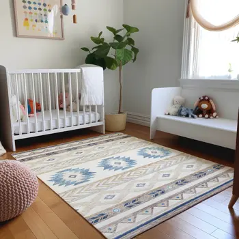 3' X 5' Taupe Ivory And Blue Geometric Washable Area Rug With UV Protection