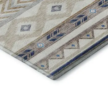 3' X 5' Taupe Ivory And Blue Geometric Washable Area Rug With UV Protection