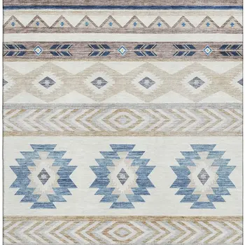 3' X 5' Taupe Ivory And Blue Geometric Washable Area Rug With UV Protection